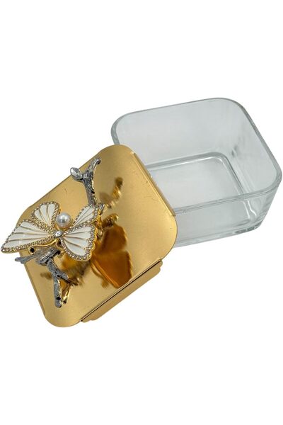 B&D Decorative Glass Jar with Gold Butterfly Lid, Clear Crystal Storage Container with Pearl Accent