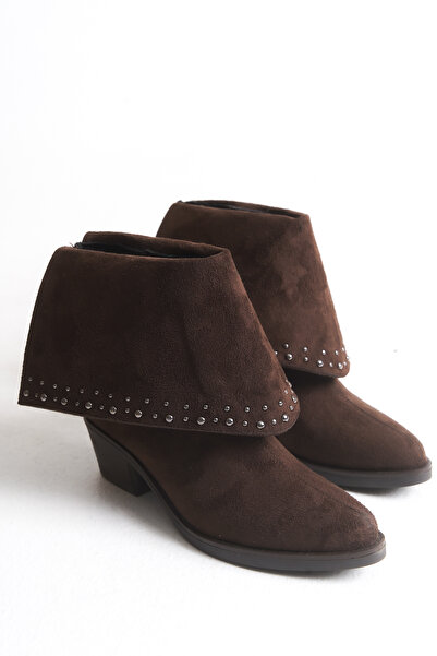 Ayakkabı Delisiyim Kahverengi Süet Kadın Bot Çizme Metal Aksesuarlı Western Kovboy Mira