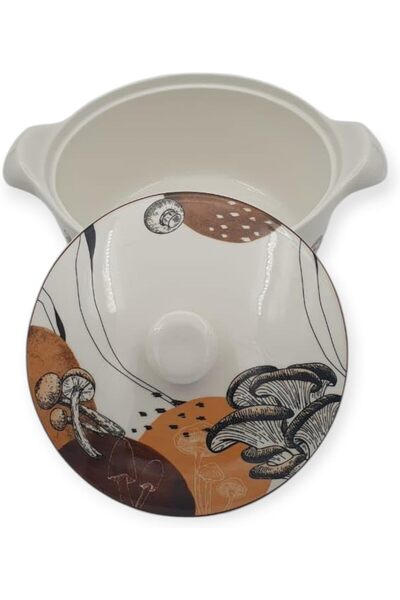 B&D Ceramic Casserole Dish with Lid, 27×21×13 cm, White with Mushroom Pattern, 2.5 kg Capacity