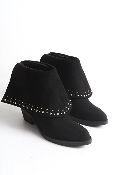 Ayakkabı Delisiyim Siyah Süet Kadın Bot Çizme Metal Aksesuarlı Western Kovboy Mira