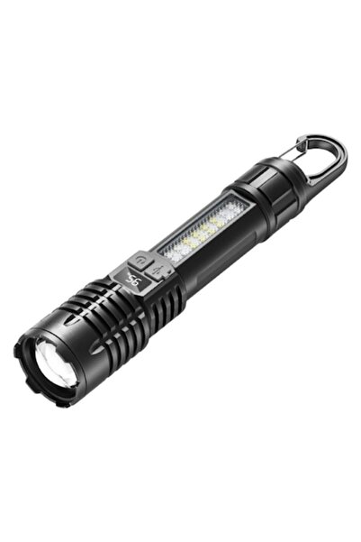 OEM Rechargeable LED flashlight, battery percentage display, 5 modes, zoom, side COB, 19.1×3.6 cm