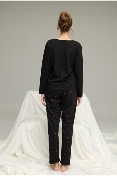 Siyah İnci siyah kalp desenli Örme Pamuklu Pijama Takım 25240243