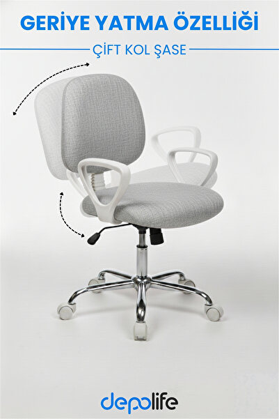 Depolife Ev Ofis Sekreter Personel Çalışma Sandalyesi Geriye Yatma Krom Beyaz Büro Ders Oyuncu Koltuğu