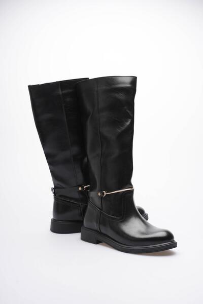 Mubiano Women's Leather Pull-On Boots Gold Buckle Black Rionna