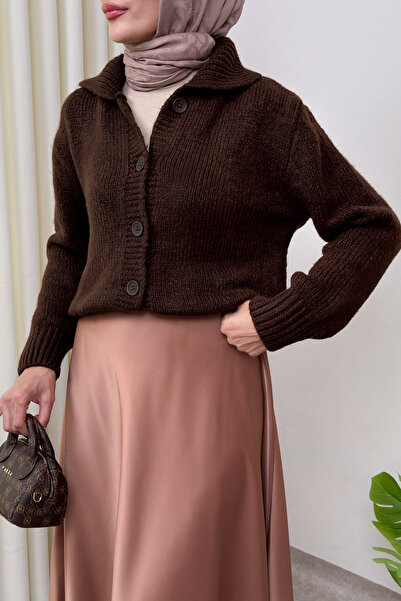 Salih Çelebi Collar Detailed Knitwear Cardigan 0179 - Brown