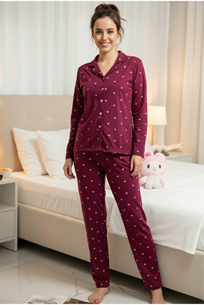 Siyah İnci Cherry Heart Pattern Soft Touch Winter Knitted Buttoned Pajama Set 7611
