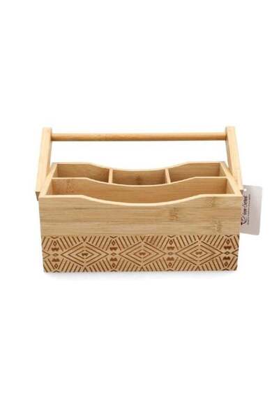 Generic Bamboo Utensil Caddy with Handle – Etched Geometric Pattern