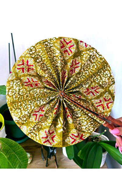 AlminaMia Ankara Kumaş Afrika Yelpazesi, Deri Saplı Yuvarlak Katlanabilir El ...