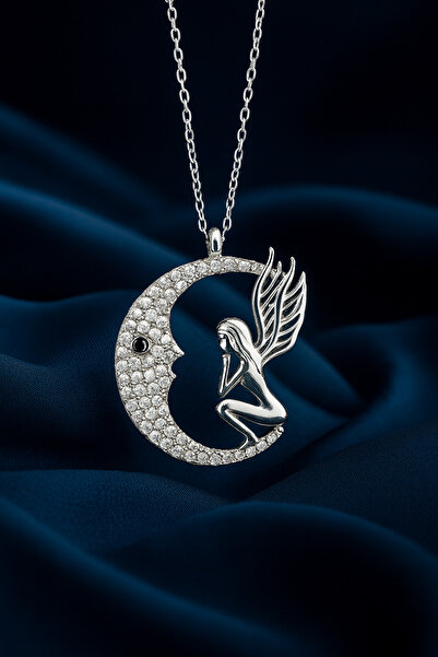 KAR DİAMOND 14 Ayar Altın Zincirli Rodyum Kaplama Zirkon Taşlı Hilal Ay Melek...
