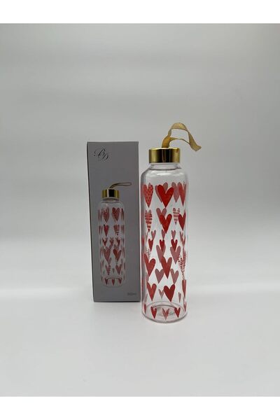 B&D Glass Water Bottle with Red Heart Pattern, 100 ml, Gold Cap, Travel Size