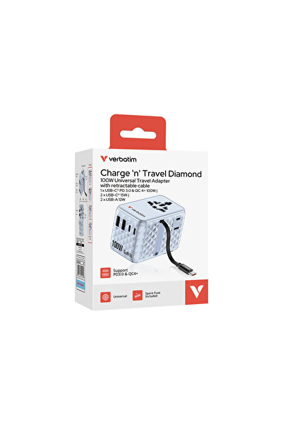 Verbatim Adaptor GaN, 100W, cablu retractabil, albastru USB-C PD 3.0 QC4+ până la 100W/USB-A până la 12W