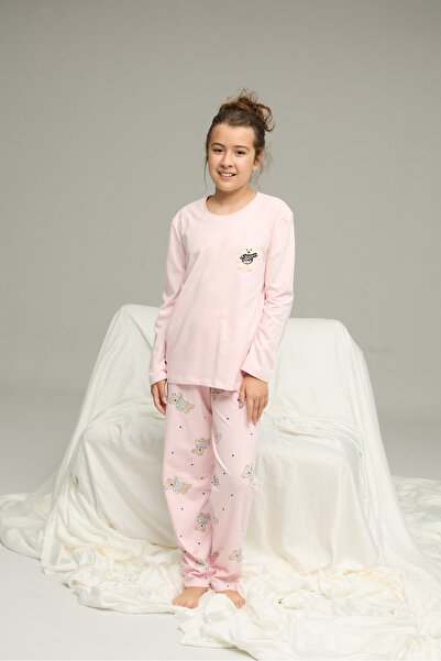 Siyah İnci Pink Teddy Bear Patterned Cotton Crew Neck Knitted Pajama Set 25241134