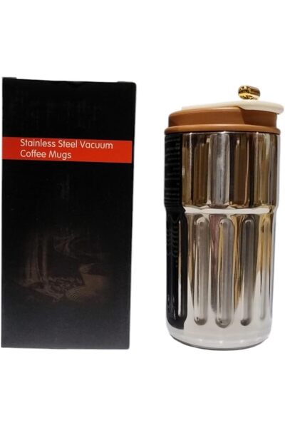 B&D Vacuum Insulated Stainless Steel Coffee Cup, 460 ml, Faceted Design, Brown Lid