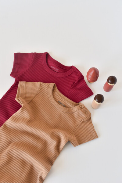 BabyCosy Set of 2 short-sleeved cotton and modal jumpsuits - Red/Brown, 18-24 Months