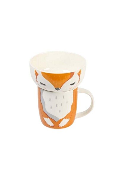 Generic Fox Print Ceramic Mug with Bowl Cute Animal Cup