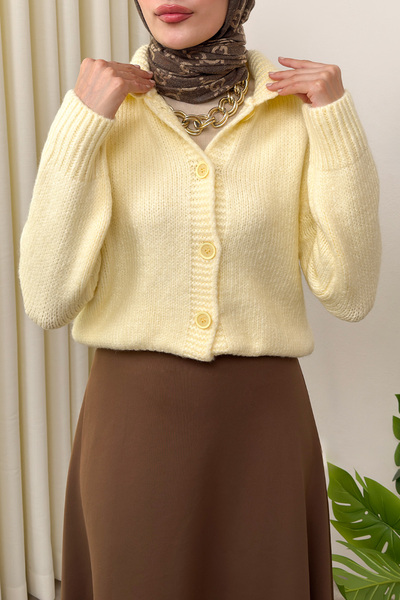 Salih Çelebi Collar Detailed Knitwear Cardigan 0179 - Yellow
