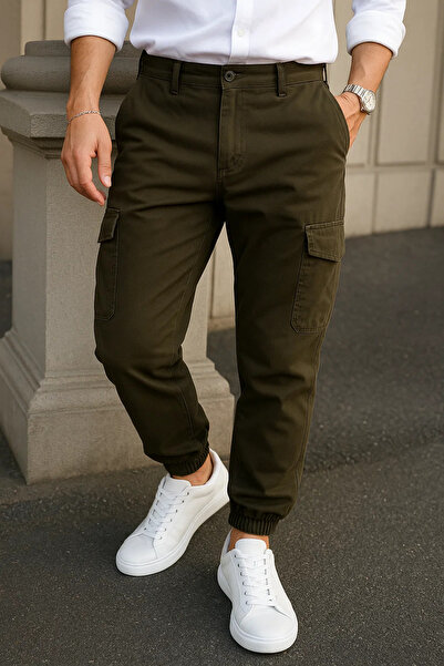 DAMGA JEANS Erkek Günlük Trend Lastikli Haki Taktik Kargo Pantolon