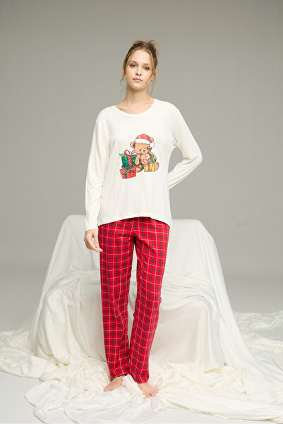 Siyah İnci Κόκκινο καρό σχέδιο Βαμβακερό Πλεκτό Σετ Πιτζάμες με λαιμόκοψη 25241126