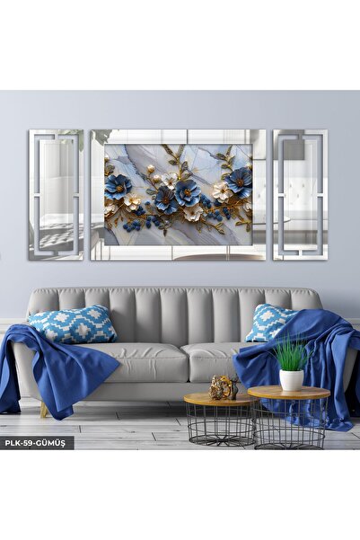 Evinemoda Mavi Çiçekler 3 Parça Gümüş Pleksi Aynalı Yan Dekorlu Tablo