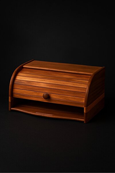 RİVO HOME DECOR Acacia Wood Bread Box – Natural Roll Lid Bread Bin 38X23X19