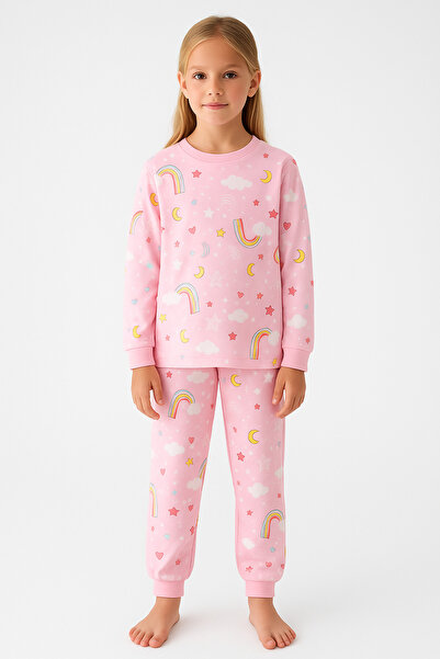 Beniizle Rainbow Patterned 100% Cotton Girls' Pajama Set