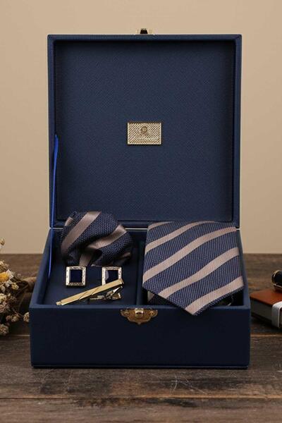 Kravatkolik Navy Blue Men's Gift Box - Tie with Handkerchief Cufflinks Tie Clip Kmk71