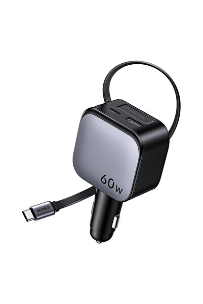 Ugreen Nexode Car Charger with Retractable USB-C and USB Ports 60W - Space Gray