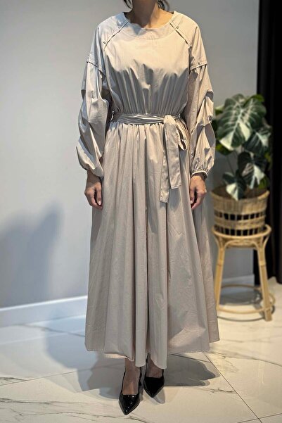 Ceremony Paper Touch Dress with Folded Sleeves, Drawstring Detail, Elastic Waist 5747 Stone