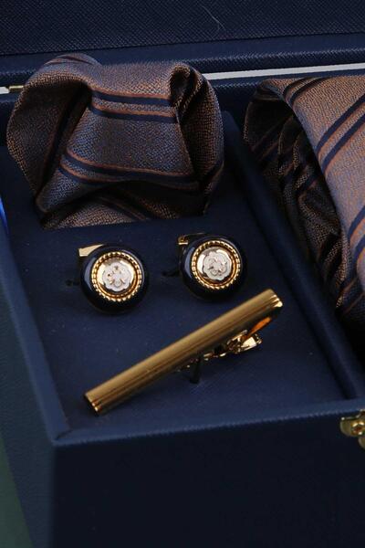 Kravatkolik Navy Blue Men's Gift Box - Tie with Handkerchief Cufflinks Tie Clip Kmk72