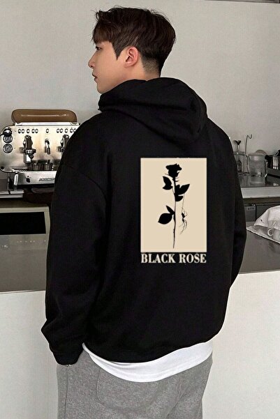 Know Siyah Black Rose Baskılı Oversize Kapüşonlu Sweatshirt Hoodie