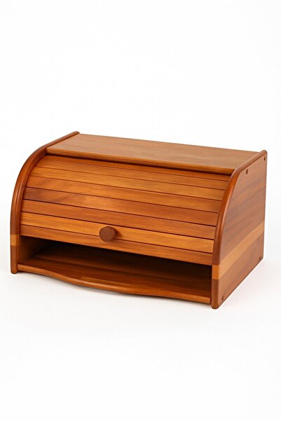 RİVO HOME DECOR Acacia Wood Bread Box – Natural Roll Lid Bread Bin 38X23X19