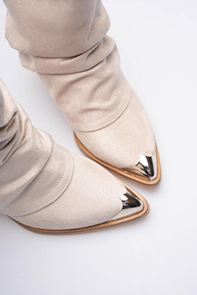 Mubiano Kadın Süet Bot Körüklü Çekme Platin Detaylı Western Bej Milora