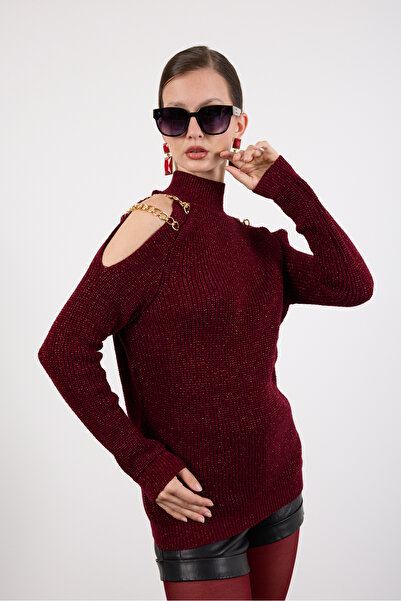 Clothes Fast Women's Burgundy Chain Detailed Off-Shoulder Half Turtleneck Silvery Knitwear Sweater