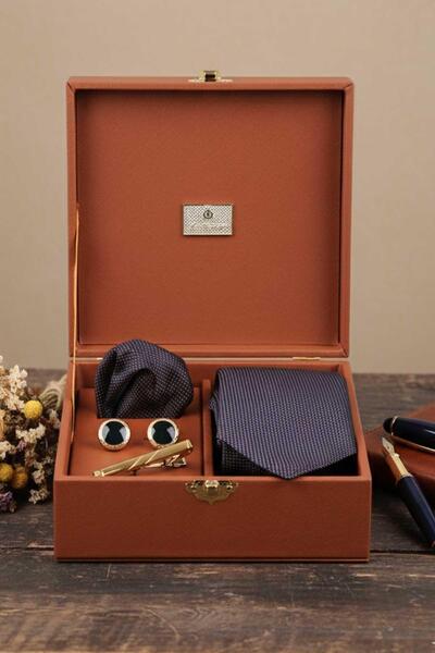 Kravatkolik Coffee Men's Gift Box - Tie with Handkerchief Cufflinks Tie Clip Kmk82