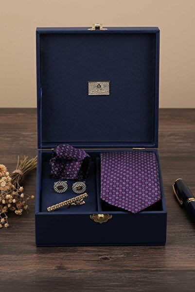 Kravatkolik Navy Blue Men's Gift Box - Tie with Handkerchief Cufflinks Tie Clip Kmk66