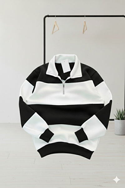 NİCE Унісекс чорно-біла смугаста толстовка на блискавці - поло без принта