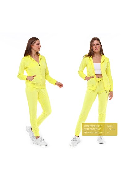 NOLIHOO Kadın Kadife Eşofman Takımı Kapüşonlu Fermuarlı Lastikli Paça Şık Rahat Model