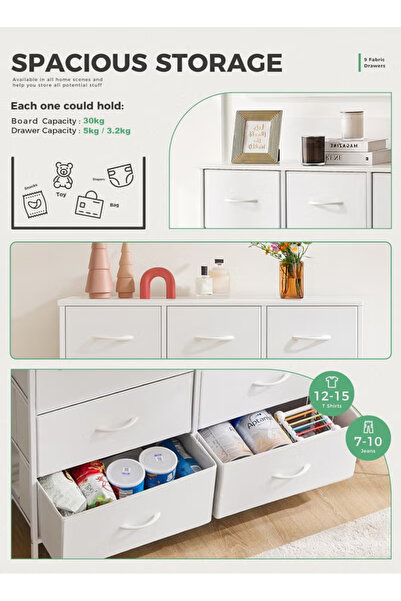 ULHYC Tall 9-Drawer Fabric Dresser, White Storage Tower Organizer for Bedroom, Closet, Nursery