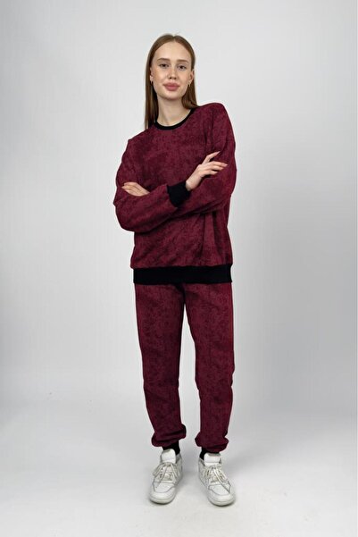 Betimoda Women's Cotton 2 Thread Elastic Waist Patterned Tracksuit Set Burgundy