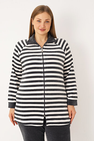 İntensive Ριγέ μακρυμάνικο βαμβακερό βελούδινο φερμουάρ με λαιμόκοψη γυναικείο σετ αθλητικής φόρμας μεγάλου μεγέθους