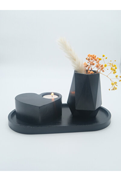 ATEŞLER HEDİYELİK طقم مزهرية زخرفية سوداء وحامل شموع على شكل قلب