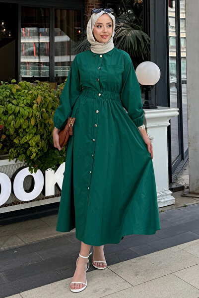 Tesettür Diyarı Γυναικείο Φόρεμα Ραπαλίν με Χιτώνα - Σμαραγδί