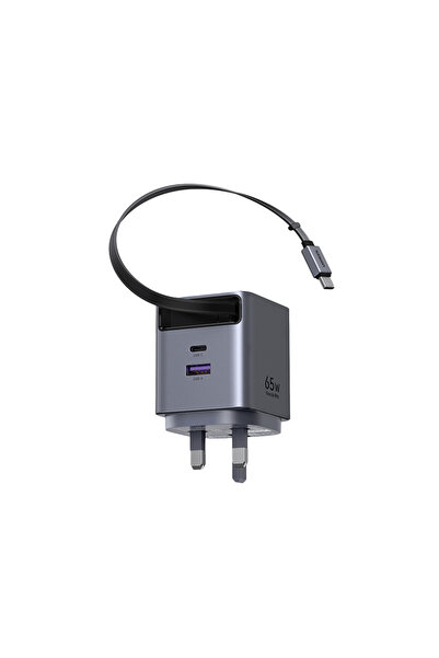 Ugreen Nexode Pro Wall Charger With Retractable Cable USB-C and USB Ports 65W - Gray