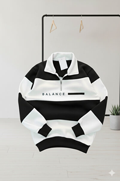 NİCE Унісекс коричнево-біла смугаста толстовка на блискавці - з написом «BALANCE»