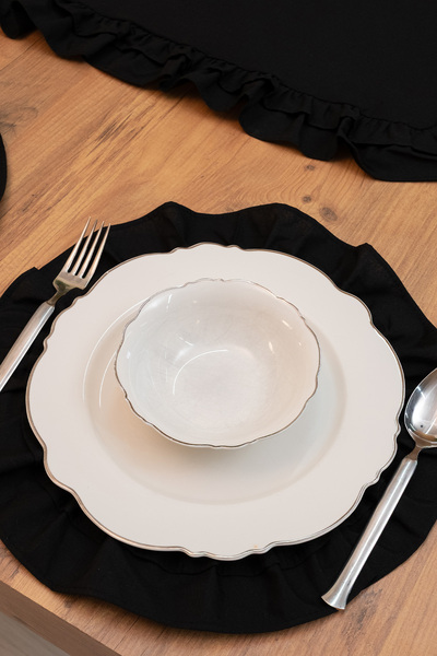abidehanım Lira | Black 7 Piece Double Ruffle Tablecloth Presentation Set 40 X 150