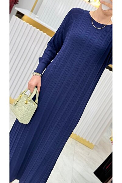 Nefise Rayon Fitilli Bisiklet Yaka Uzun Elbise