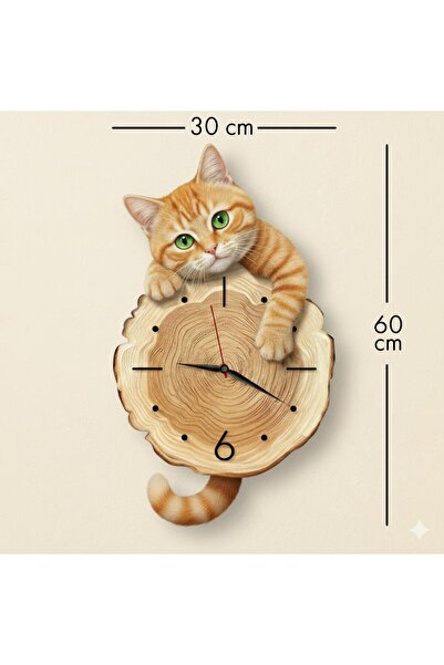 CajuArt Kütük Üzerinden Bakan Sarman Kedi Tasarımlı Duvar Saati Modern Dekoratif Saat