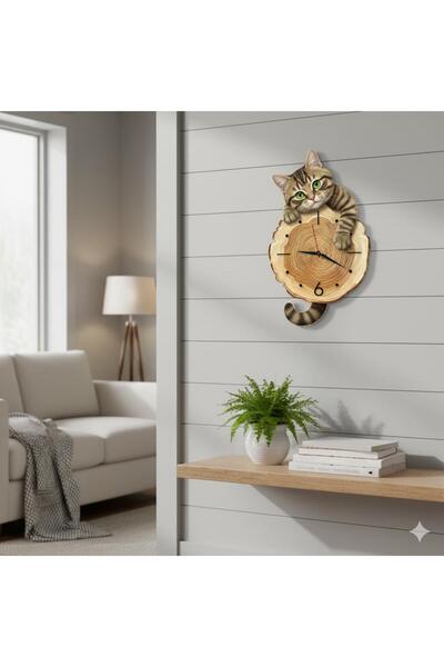 CajuArt Kütük Üzerinden Bakan Tekir Kedi Tasarımlı Duvar Saati Modern Dekoratif Saat