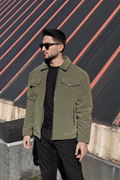 inpool Shirt Collar, Oversized, Double Pocket Flap, Diamond Patterned Quilted Jacket 2504