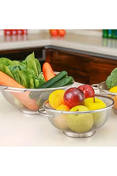 MyBru Paslanmaz Çelik Kulplu Tel Çok Amaçlı Makarna Un Meyve Sebze 2'li Süzge...